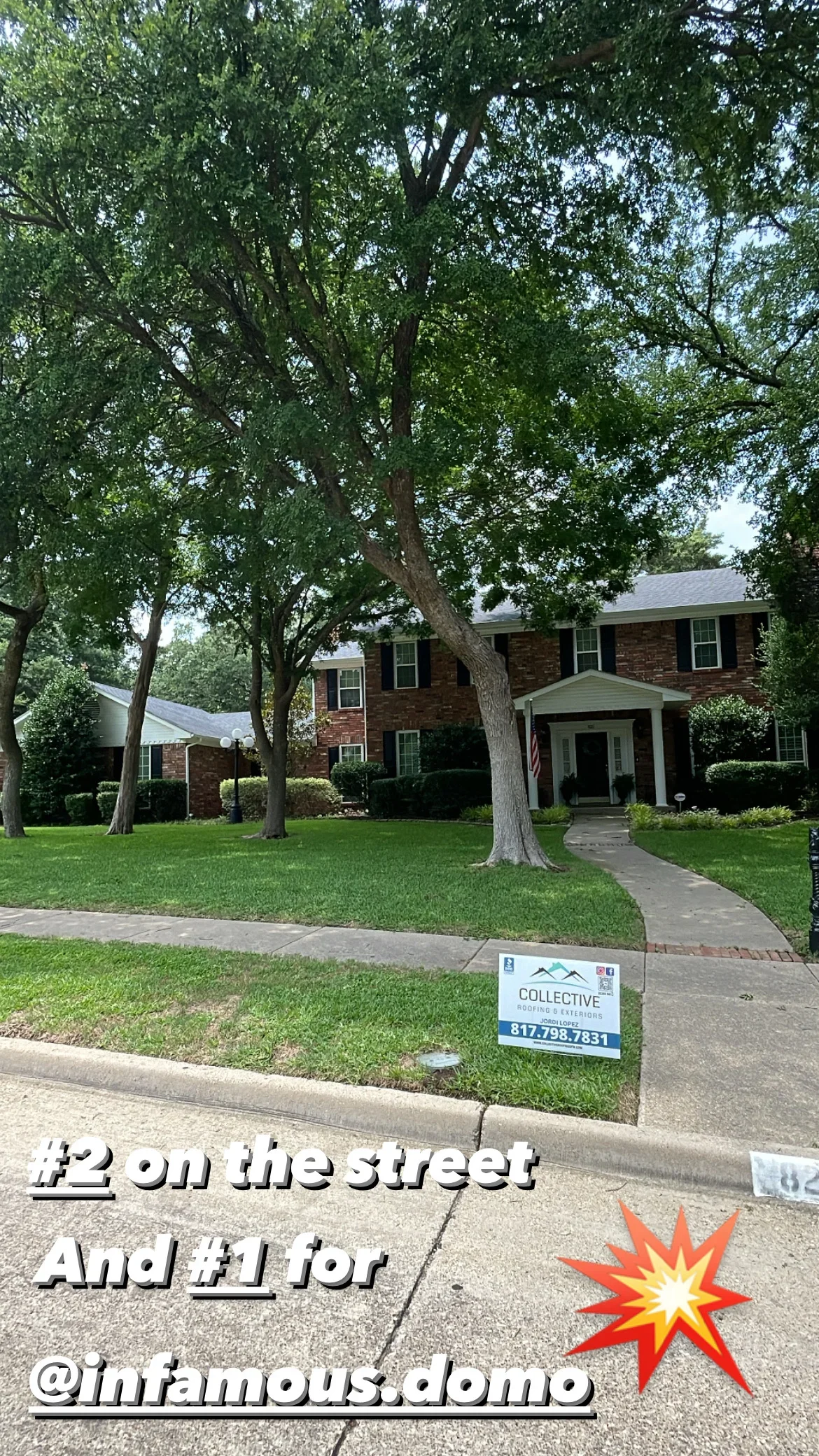 Two-story brick home with new asphalt shingle roof installation and updated roofline