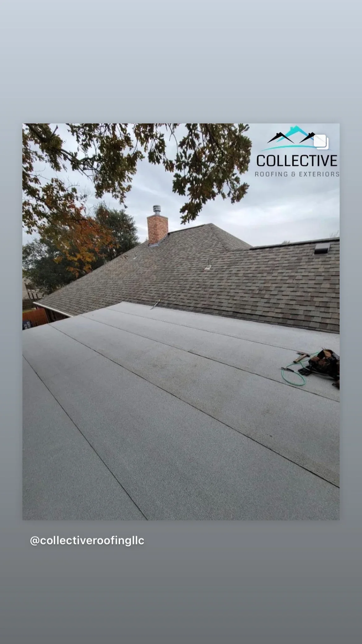Newly installed flat roof membrane with seams visible, brick chimney, and pitched shingle roof in background