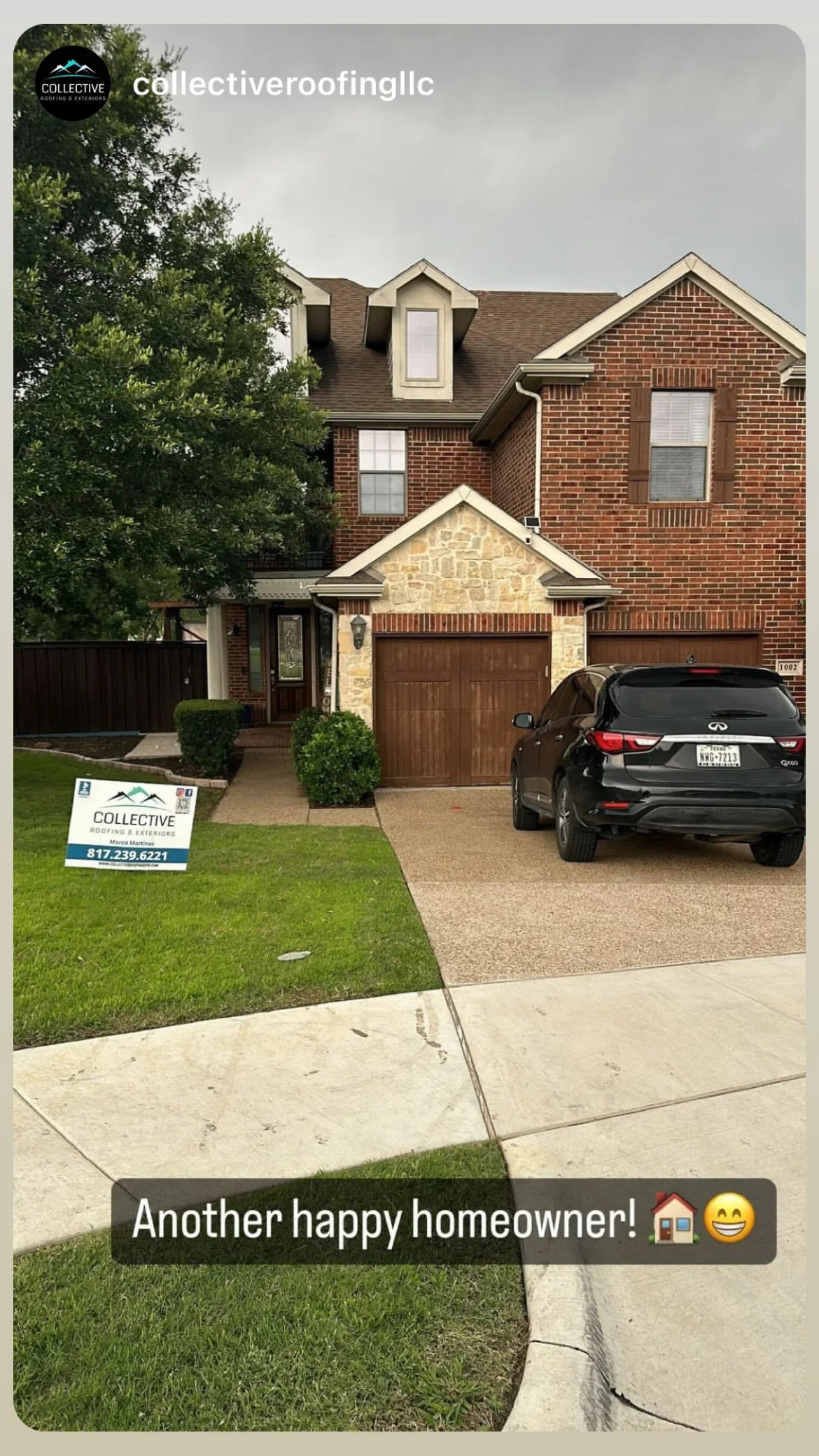 Two-story brick home with new asphalt shingle roof installation and multiple dormers