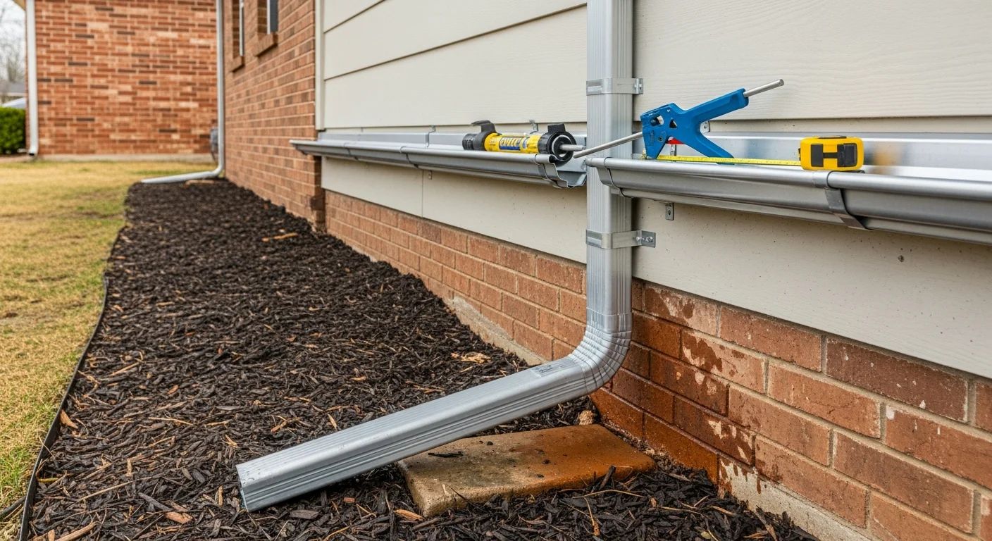 A repaired residential downspout mounted flush against the brick exterior of a single-family home in Arlington, Texas, with water flowing cleanly away from the foundation during a rainstorm. The downspout extension directs runoff across a grassy yard, away from the home's base.