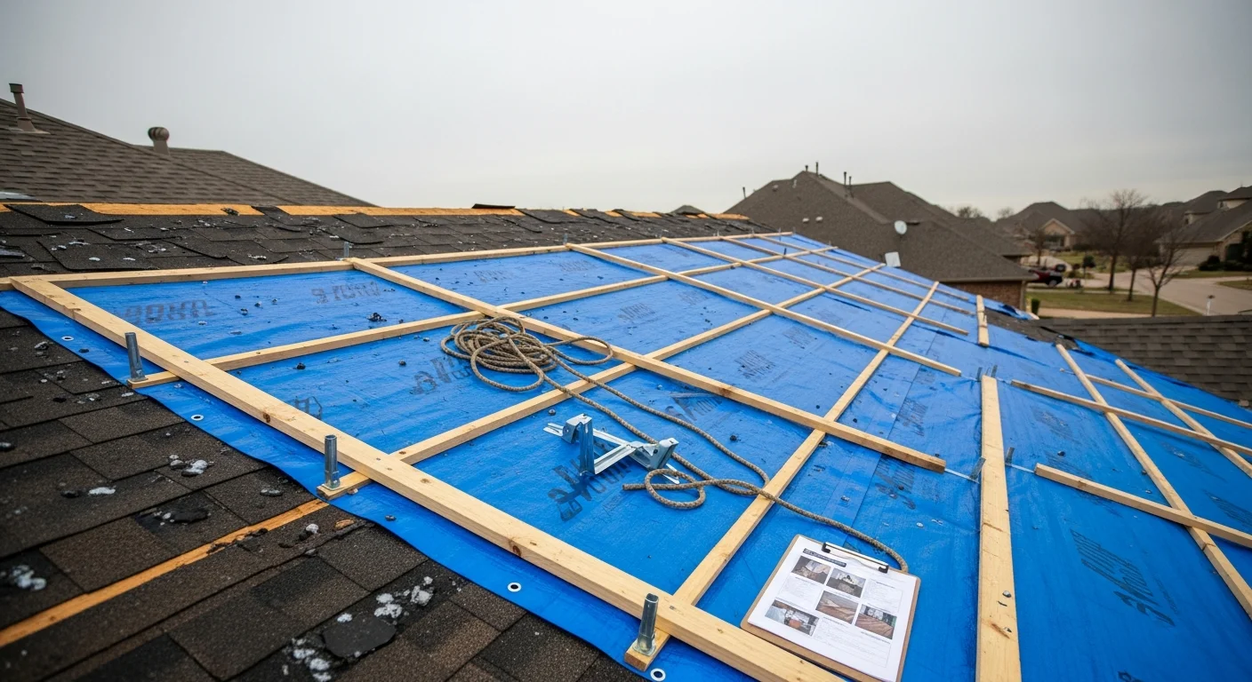 A heavy-duty blue waterproof tarp secured with wood battens over a storm-damaged residential roof in Arlington, Texas. Missing shingles and exposed roof decking are visible along the edges of the covered section.