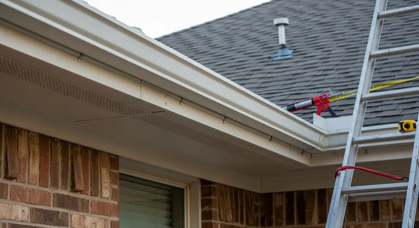 Newly installed white soffit and fascia panels along the roofline of a single-story Arlington home, with clean eave lines and a secured gutter system visible below the fascia board.