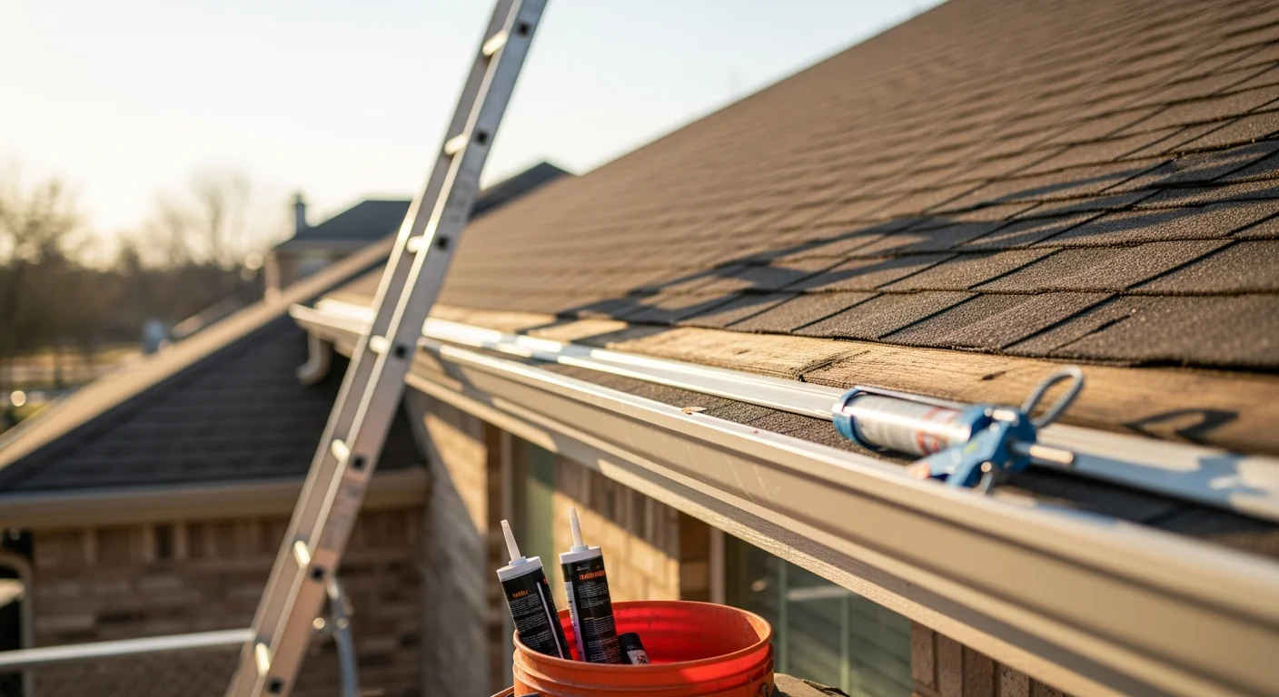 Close-up view of a repaired roofline on an Arlington, Texas home showing new fascia boards and soffit panels installed along the roof edge. The finished exterior shows clean trim lines with gutters properly reattached to the fascia.