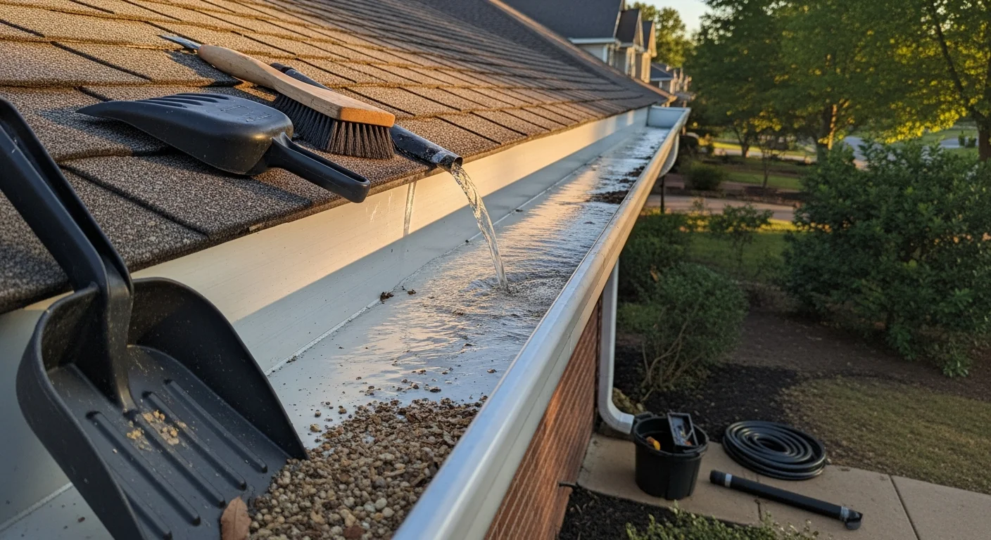 A Collective Roofing technician removing packed leaf debris and shingle granules from a residential gutter trough on a single-family home in Arlington, Texas. The cleaned downspout is visible below, with cleared troughs showing open drainage channels along the roofline.