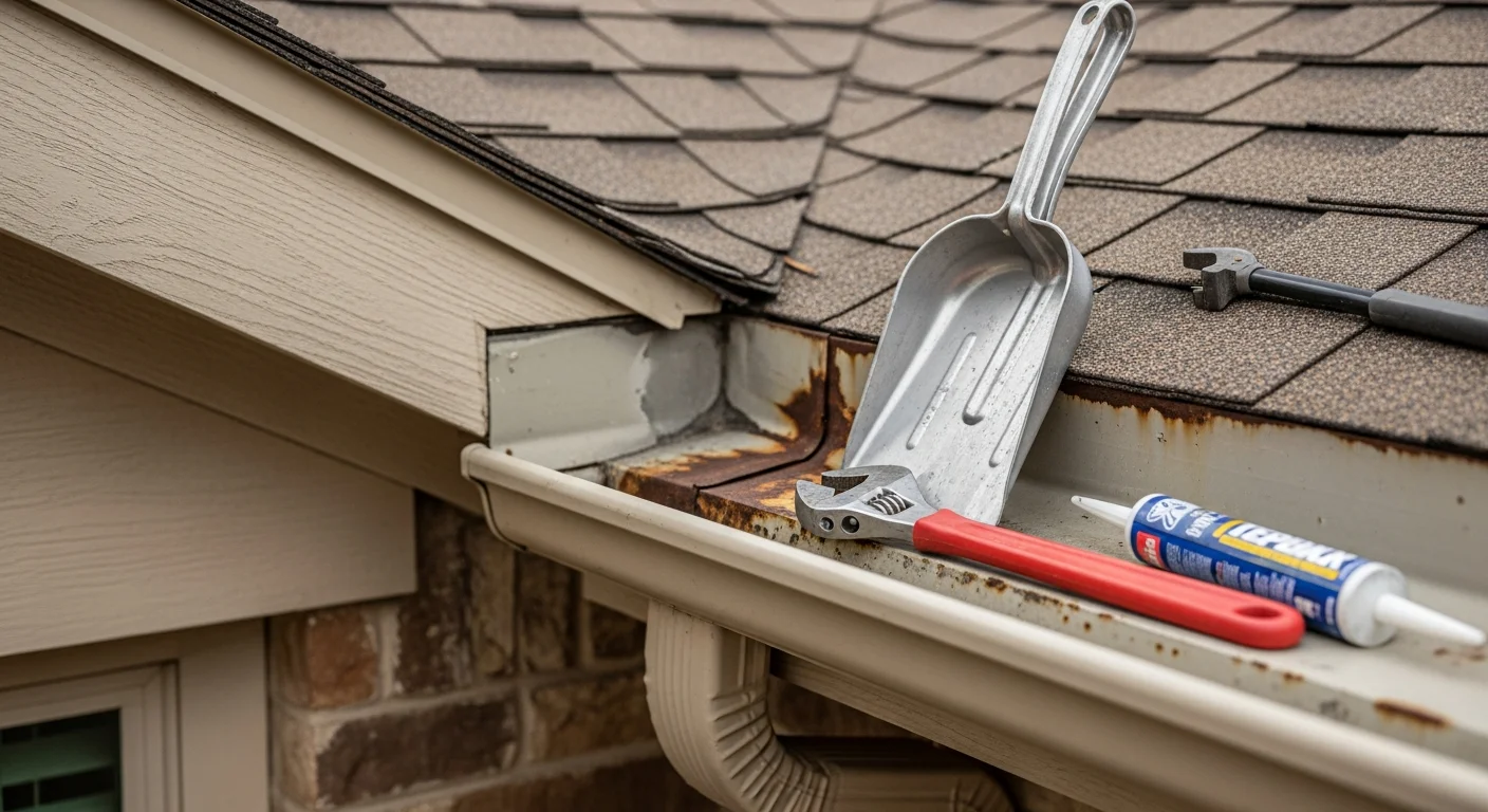 A Collective Roofing technician reattaching a sagging gutter section on a single-story Arlington home with a visible clay soil yard below. Close-up shows a repaired gutter joint with no rust or separation along the roofline.
