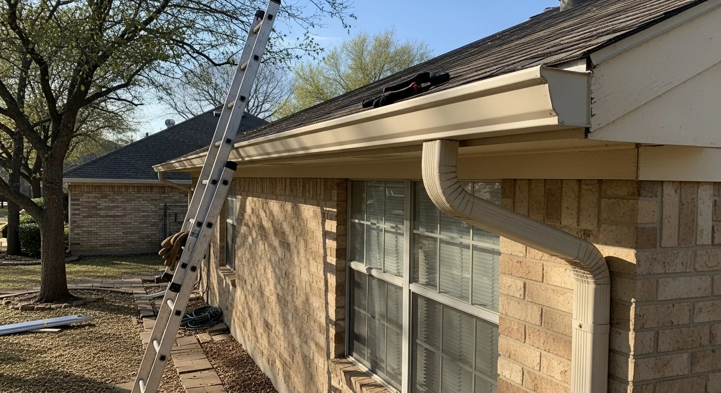 New gutters installed along the roofline of a single-story Arlington home, with downspouts positioned to direct water away from the foundation. The old gutter system has been removed, and the fascia boards are clean and flush beneath the replacement installation.