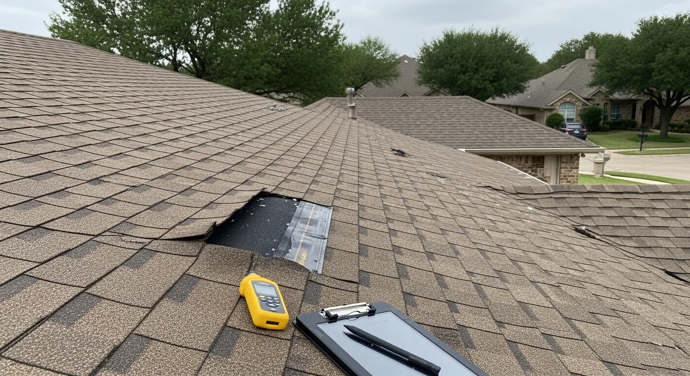 A roofing contractor from Collective Roofing performing a close-up inspection of asphalt shingles on an Arlington, TX home, checking for hail bruising and granule loss after a North Texas storm.