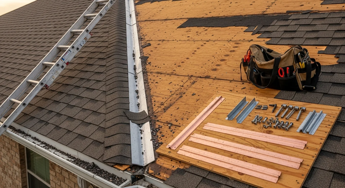 A residential roof in Arlington, Texas showing repaired shingles and sealed flashing around a chimney after storm damage. The surrounding neighborhood reflects the mix of established single-family homes common across the city.