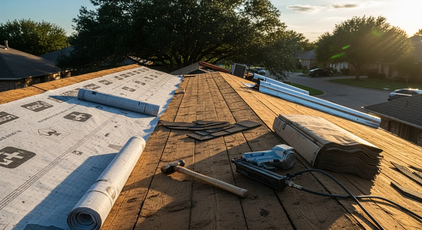 A completed residential roof replacement on an Arlington, Texas home showing new shingles installed across the full roofline. The surrounding neighborhood reflects a typical North Texas residential street with established trees and single-family homes.