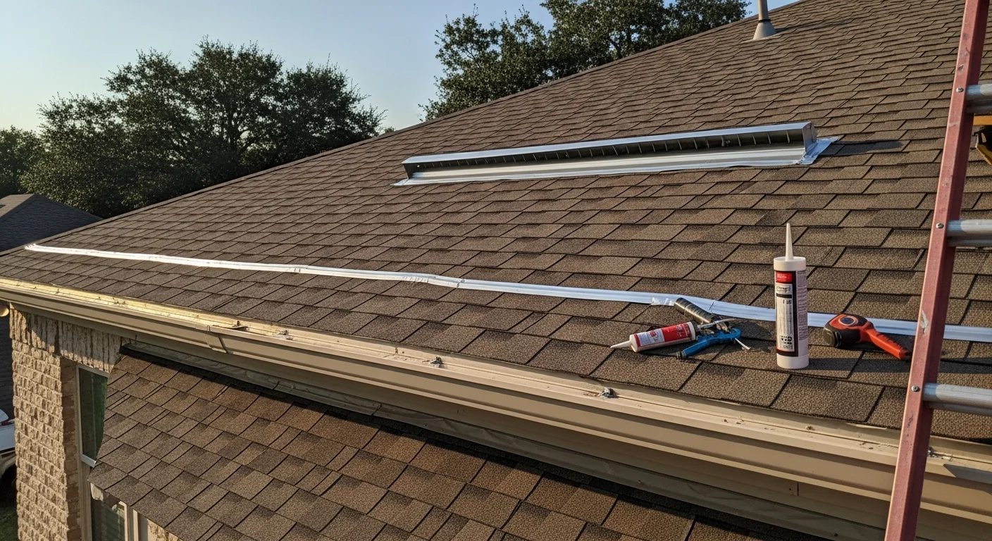 A roofing contractor installing a ridge vent along the peak of a residential roof in Arlington, Texas, with soffit vents visible along the eave line below. The work shows a balanced intake and exhaust ventilation setup on a single-story home.