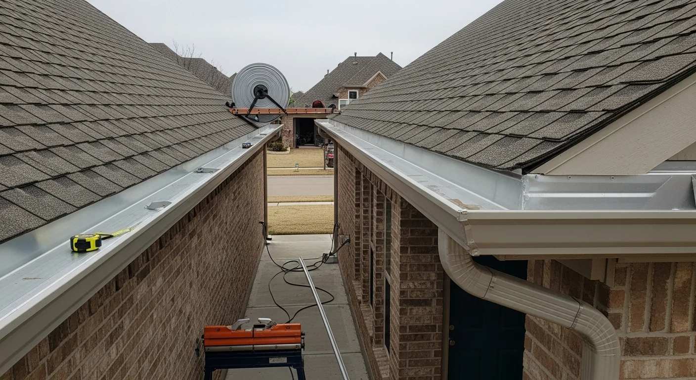 A newly installed seamless gutter system running along the roofline of a single-story Arlington home, with a downspout directing water away from the foundation. The continuous gutter profile sits flush against the fascia with no visible seams or joints along the run.