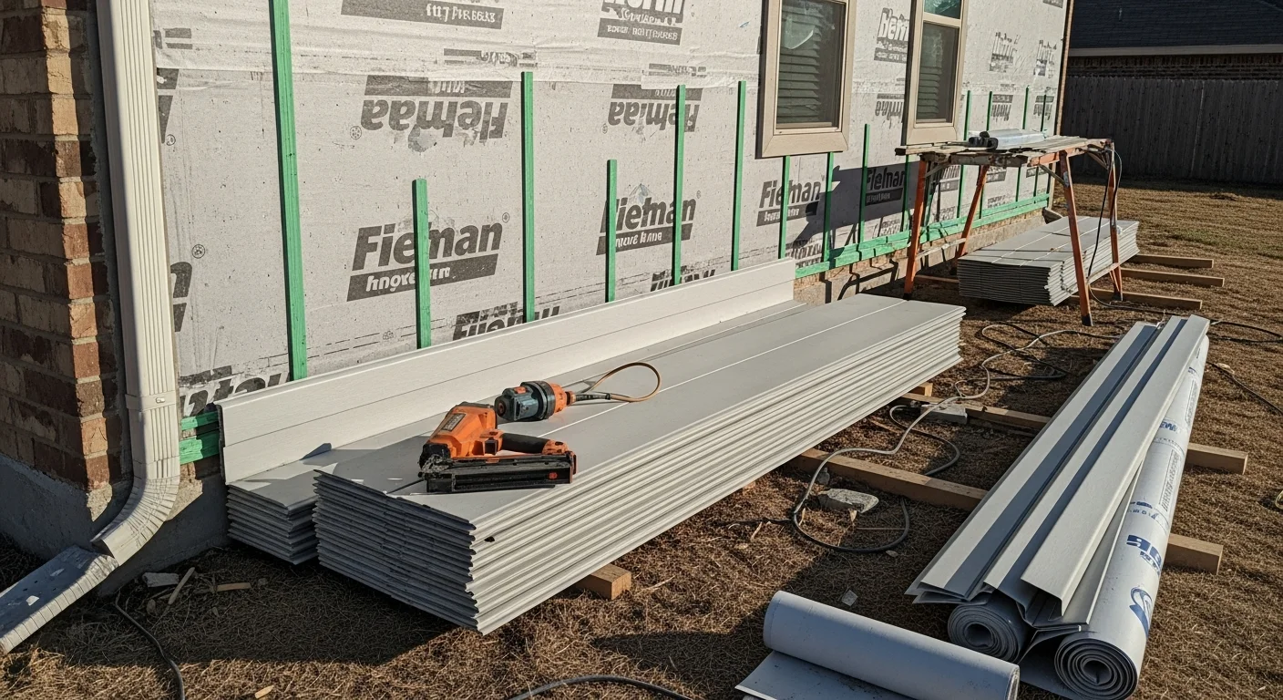Newly installed exterior siding on a single-story Arlington, Texas home, showing clean panel lines and a finished trim edge along the roofline. The home exterior shows no gaps, warping, or exposed sheathing after a full siding replacement.