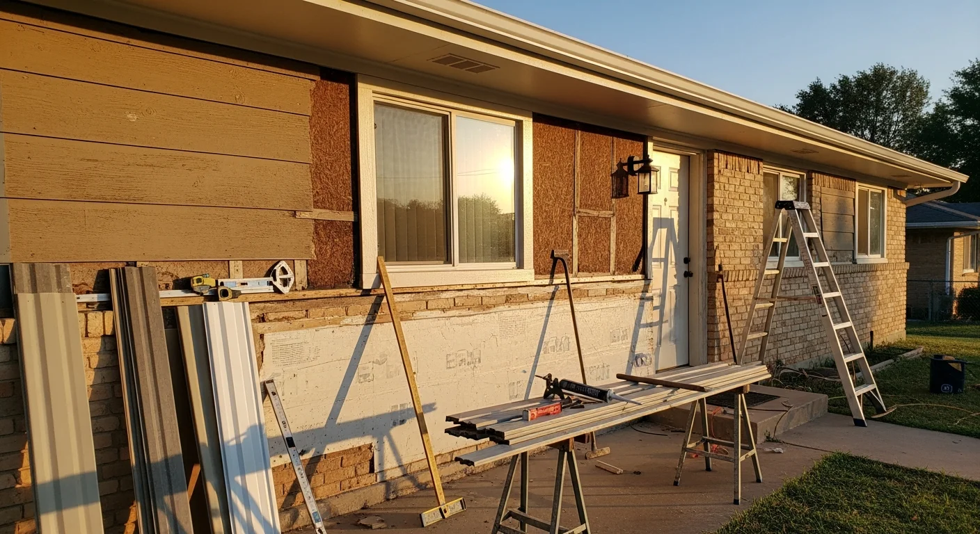 A Collective Roofing contractor inspecting and replacing damaged siding panels on the exterior of an Arlington, Texas home after storm damage. Repaired sections show clean, flush panels matched to the surrounding exterior cladding.
