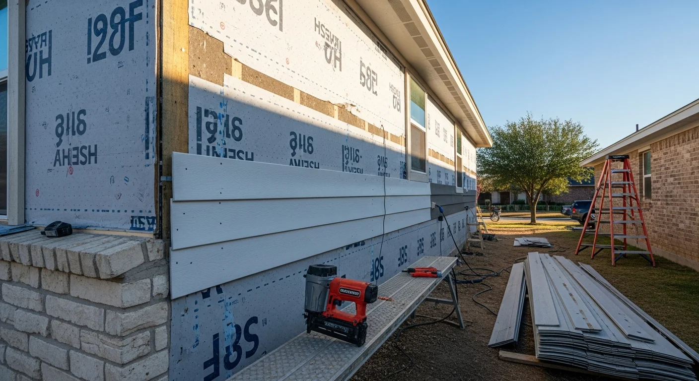 Freshly installed exterior siding on a single-story Arlington, Texas home, showing clean panel lines, tight corner trim, and no visible gaps or damage. The completed replacement covers the full front and side walls of the house.