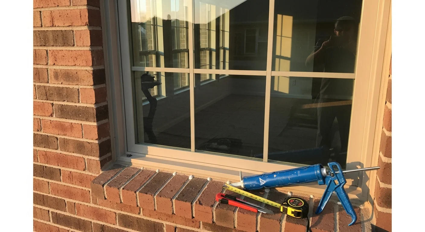 A freshly installed double-hung window on the exterior of a single-story Arlington, Texas home, with clean caulked edges and a weatherproof frame seal visible against brick siding. The surrounding trim is intact and the glass reflects the clear North Texas sky.