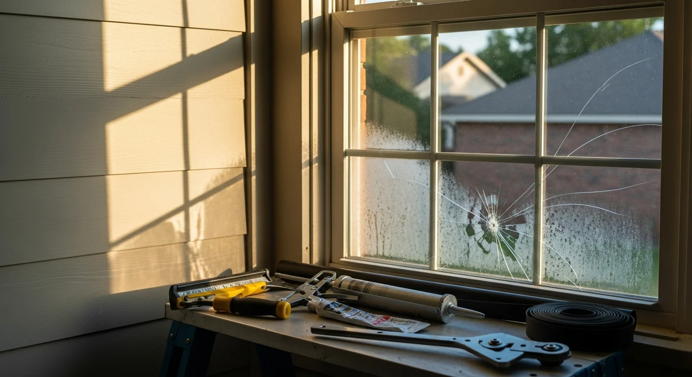 A repaired double-pane window on an Arlington, Texas residential home, showing clear glass and a sealed frame with no visible fogging or damage. A technician from Collective Roofing inspects the finished window from the exterior.