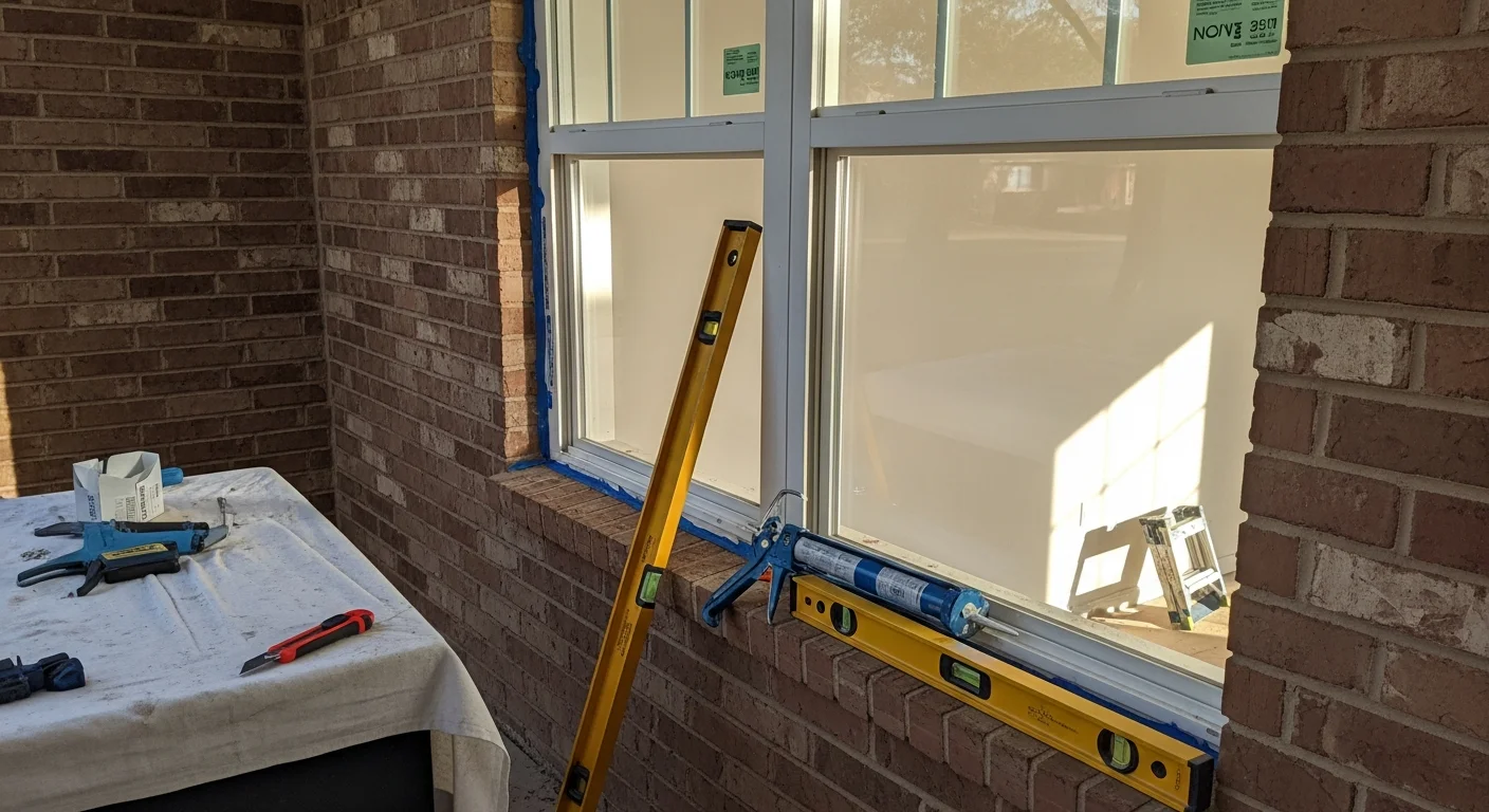A newly installed double-pane replacement window on the exterior of a single-story Arlington, Texas home, with clean trim and a tight seal visible around the frame. The surrounding brick exterior shows no gaps or caulk damage, reflecting a complete professional installation.