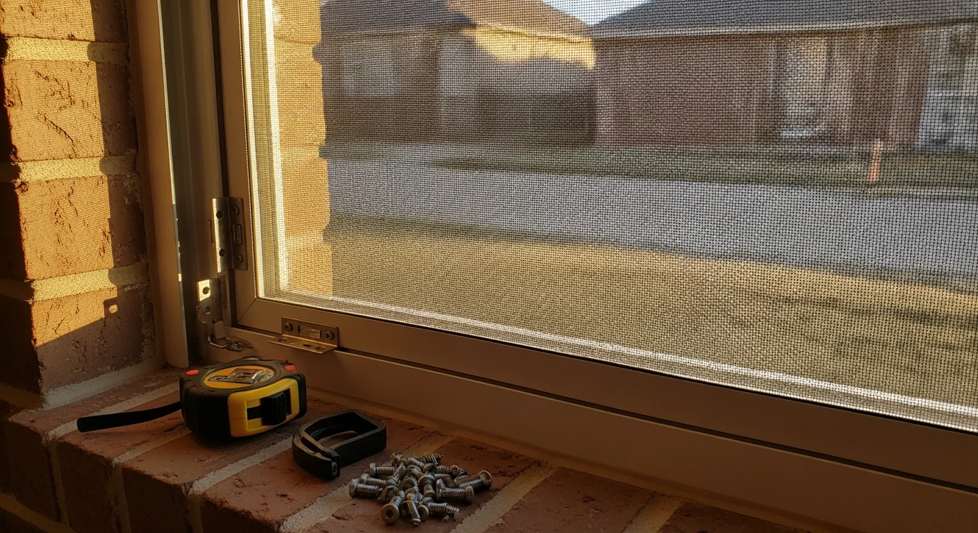 A freshly installed window screen on a single-story Arlington, Texas home, with a tightly fitted aluminum frame and uniform mesh visible against a bright exterior wall. The screen sits flush in the window opening with no gaps along the frame edges.