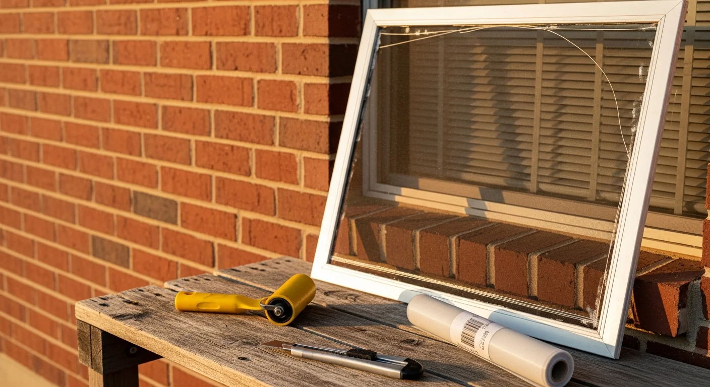 A repaired window screen with new mesh installed flush in a residential window frame at an Arlington, TX home. The screen sits tightly in the frame with no visible tears, gaps, or sagging mesh.