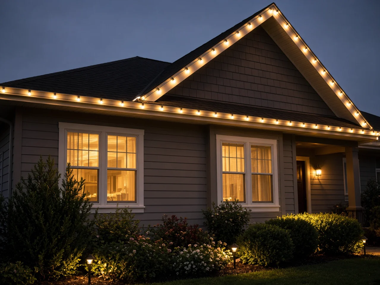 Close exterior view of a residential home at dusk with evenly spaced warm-white Christmas bulbs clipped along the roofline and gables