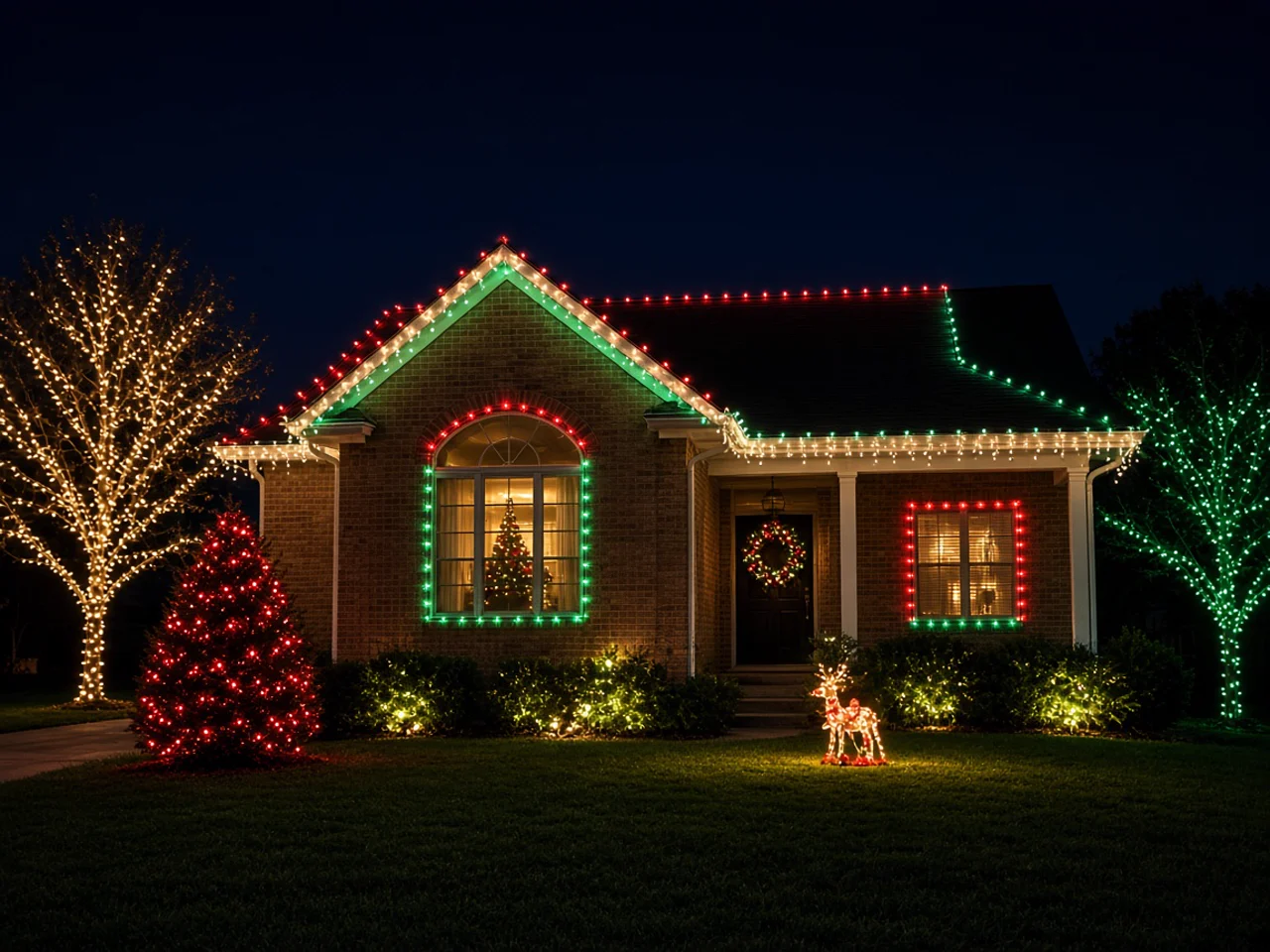Suburban home at night with coordinated red, green, and warm-white outdoor Christmas lighting display on roof, windows, trees, and yard
