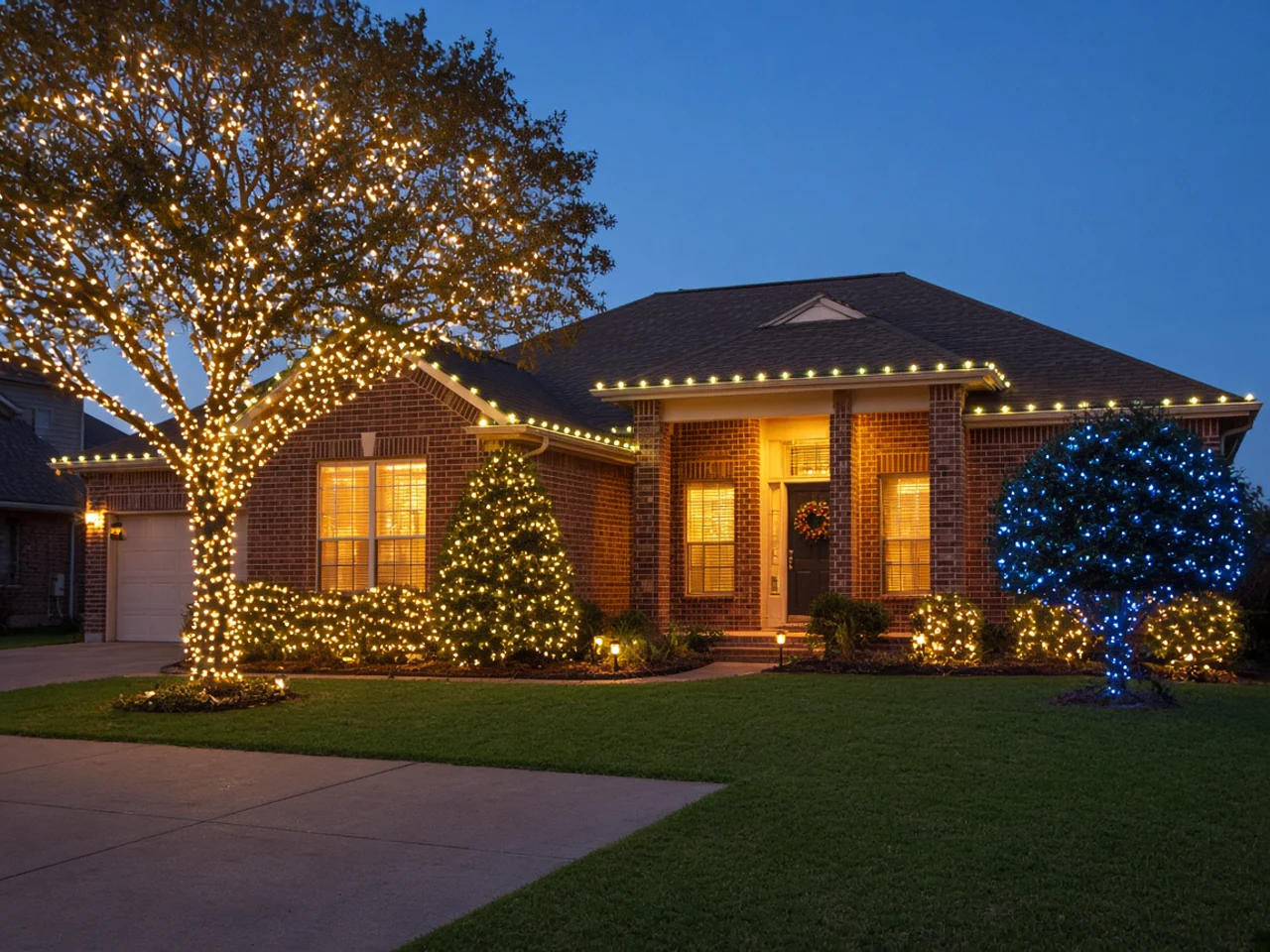 North Texas brick home at twilight with professional holiday lights along the roofline, illuminated windows, wrapped front-yard trees, and glowing shrubs