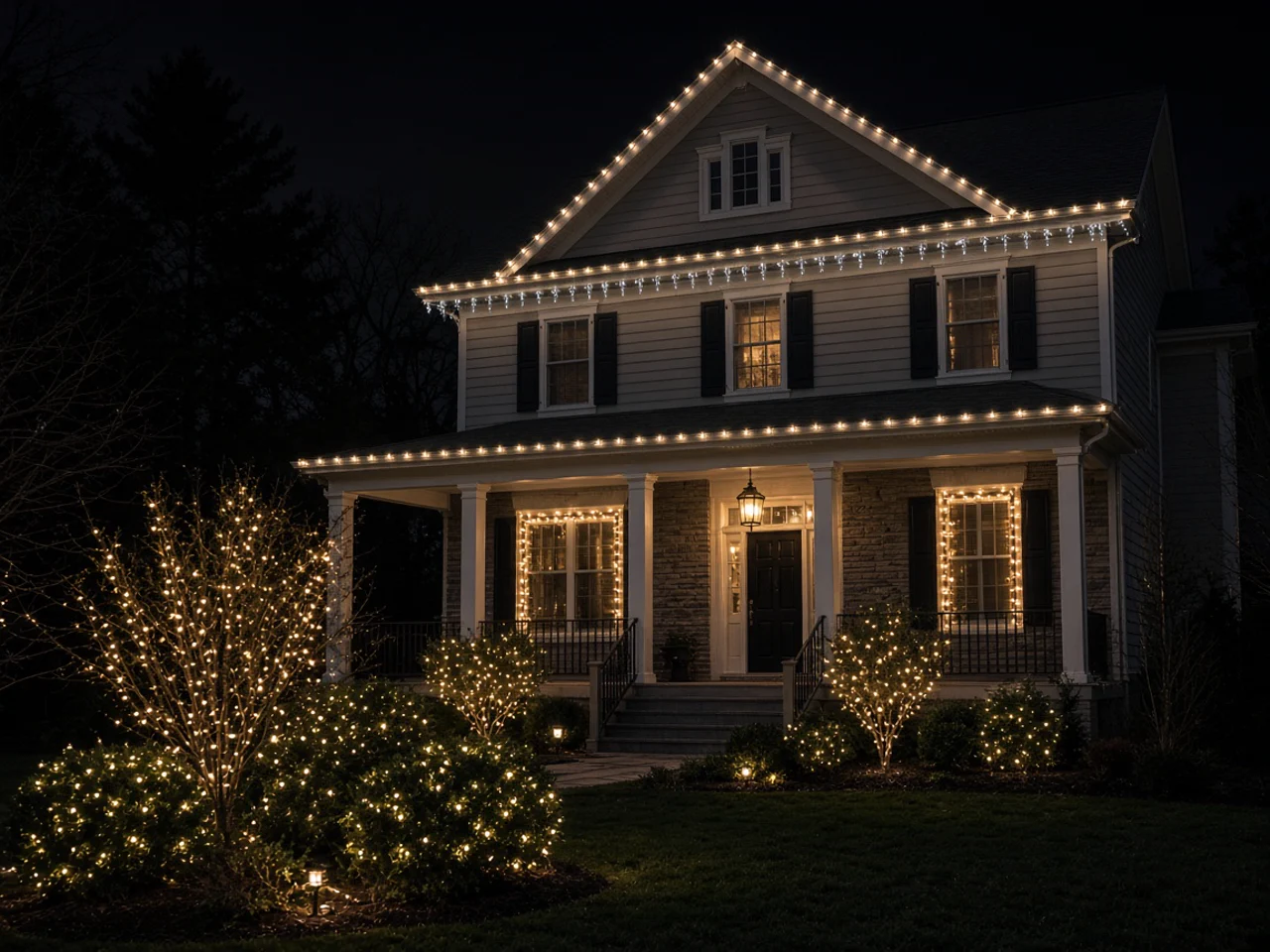 Classic warm-white lights outlining a home's roofline and windows with matching lights on front-yard bushes