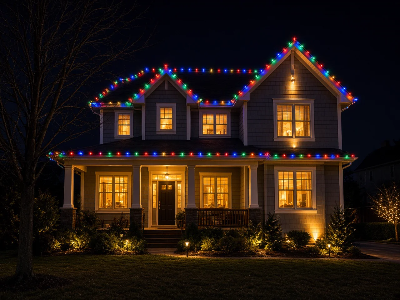 Home decorated with multicolor roofline lights, illuminated windows, and coordinated outdoor yard lighting