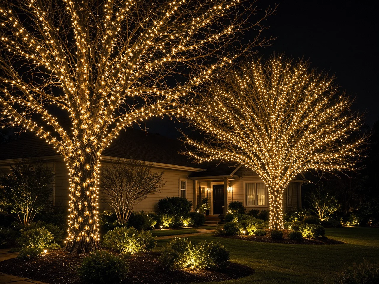 Front yard with mature trees wrapped in Christmas lights from trunks into branches, illuminated shrubs, and decorated house visible behind