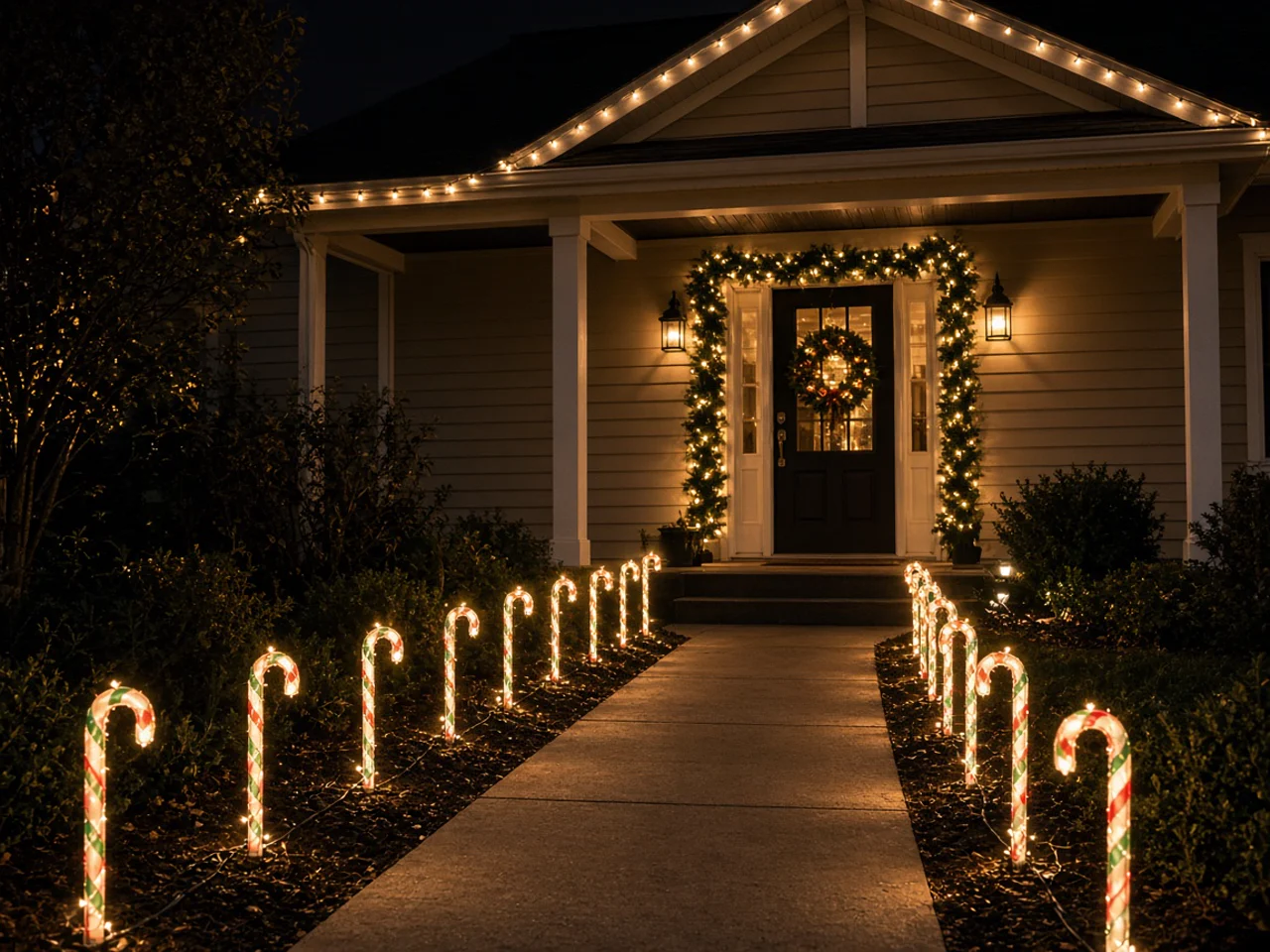 Residential walkway lined with illuminated holiday stakes leading to a front door with a glowing wreath, lit garland, and roofline lights above