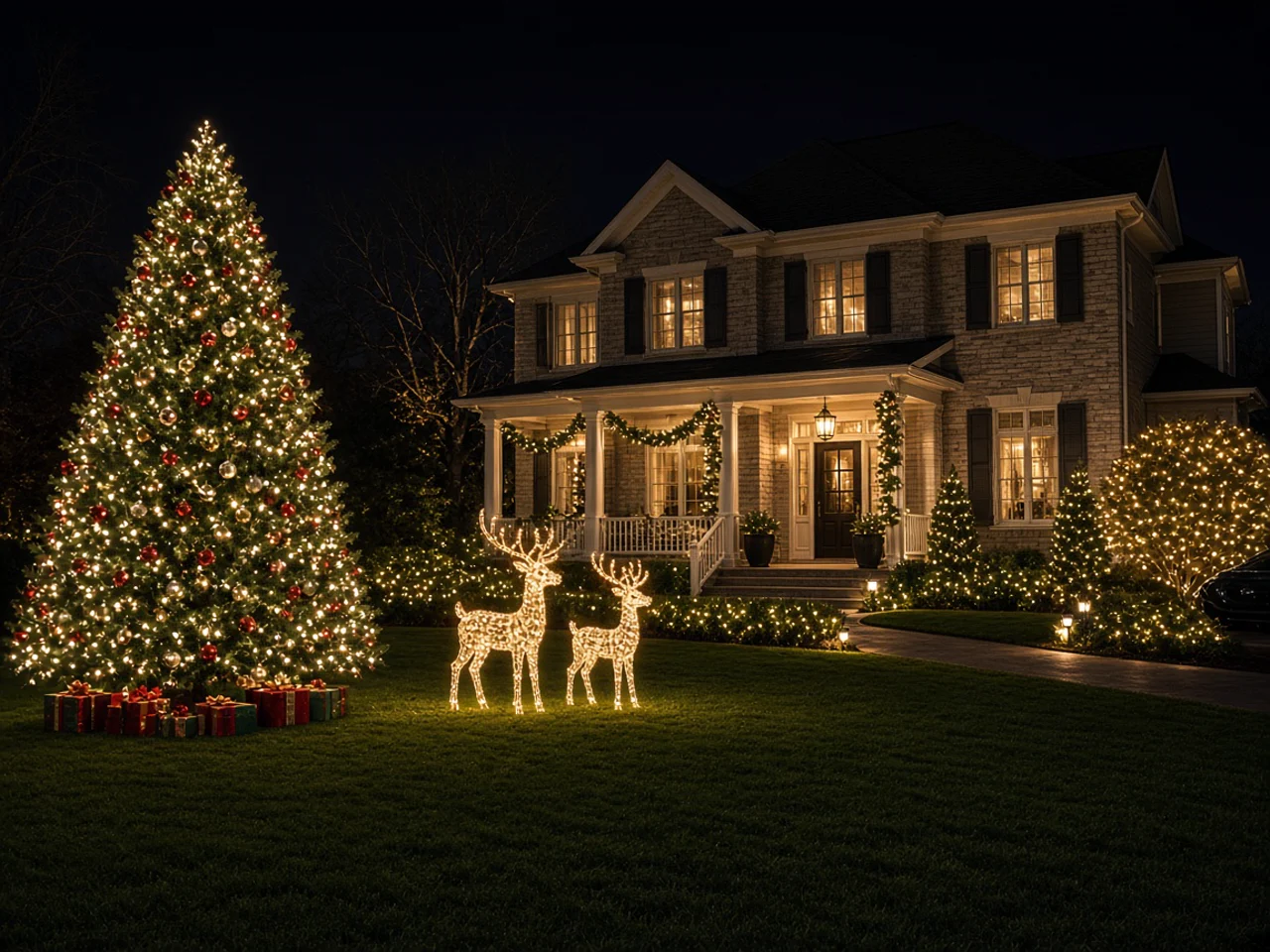 Home with outdoor Christmas tree covered in lights and ornaments, illuminated reindeer on the lawn, and coordinated lights on the house and landscaping