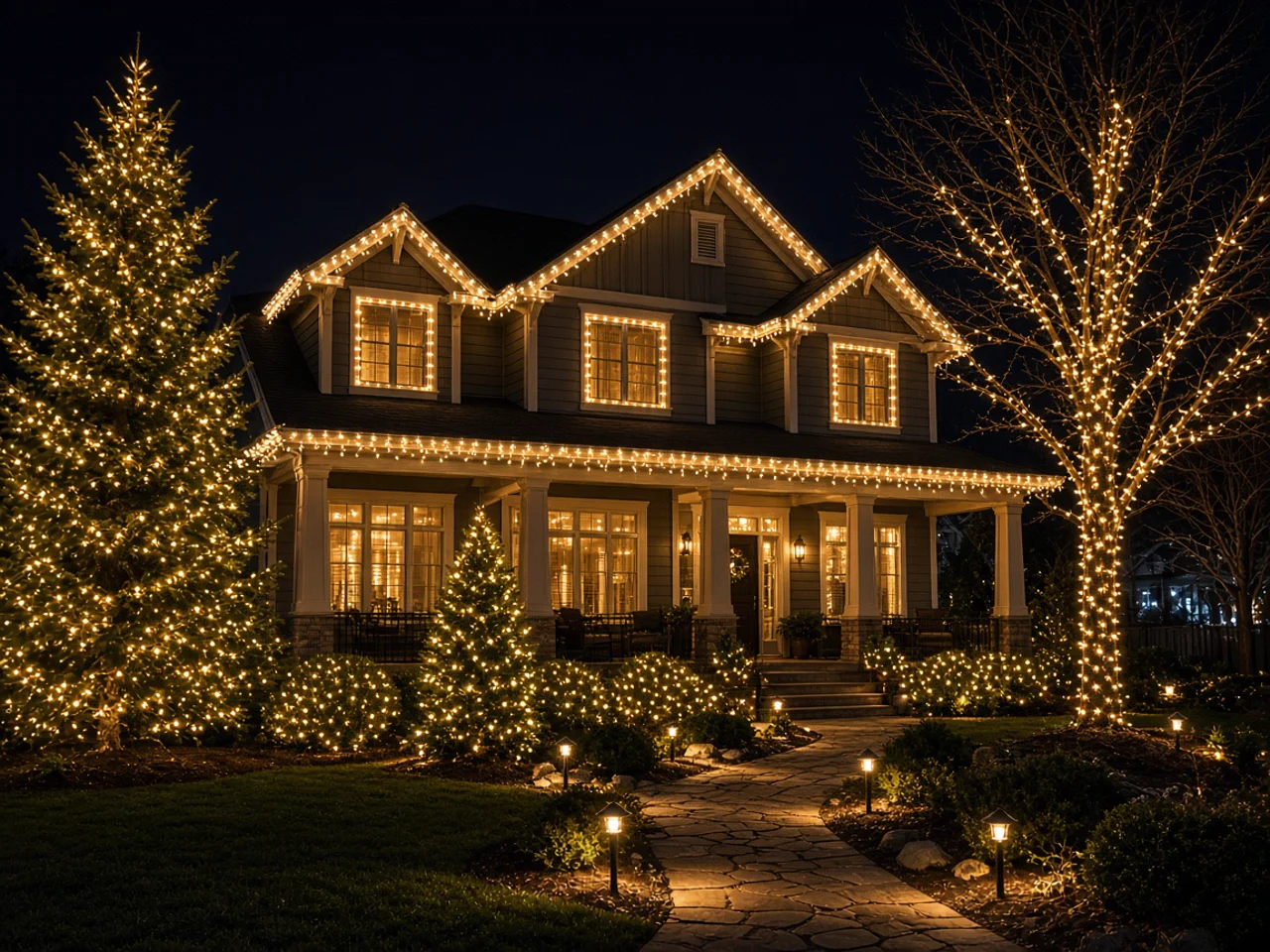 Complete premium residential holiday display combining roofline lighting, window outlines, wrapped trees, glowing bushes, and patio or walkway lights